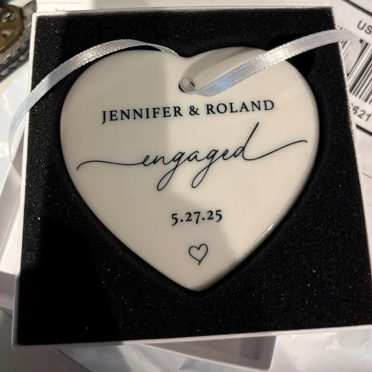 Personalized Engagement Heart-shaped Ceramic Ornament with Names & Date - Image 3