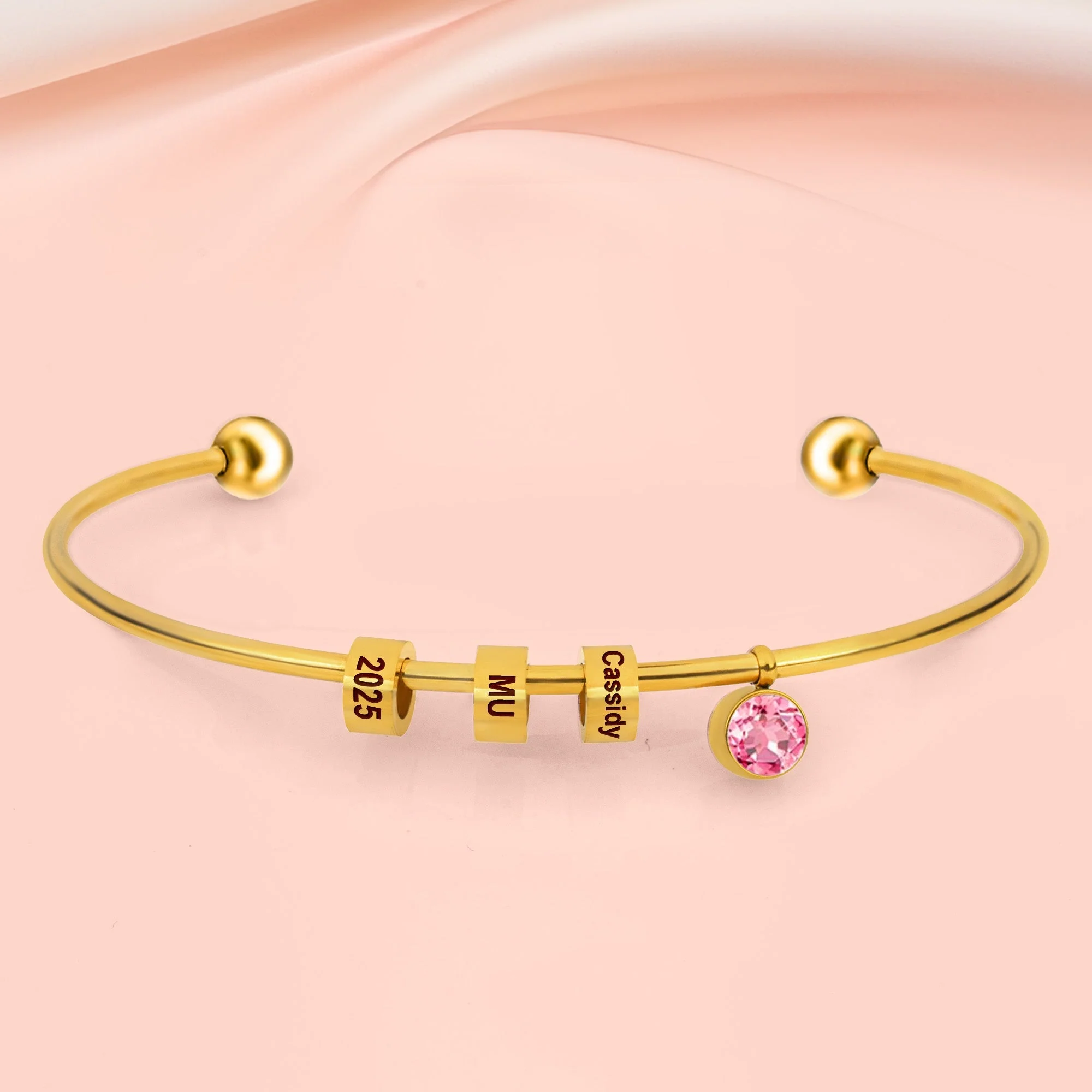 Personalized Engravable Bead Name Cuff Bracelet With Birthstone