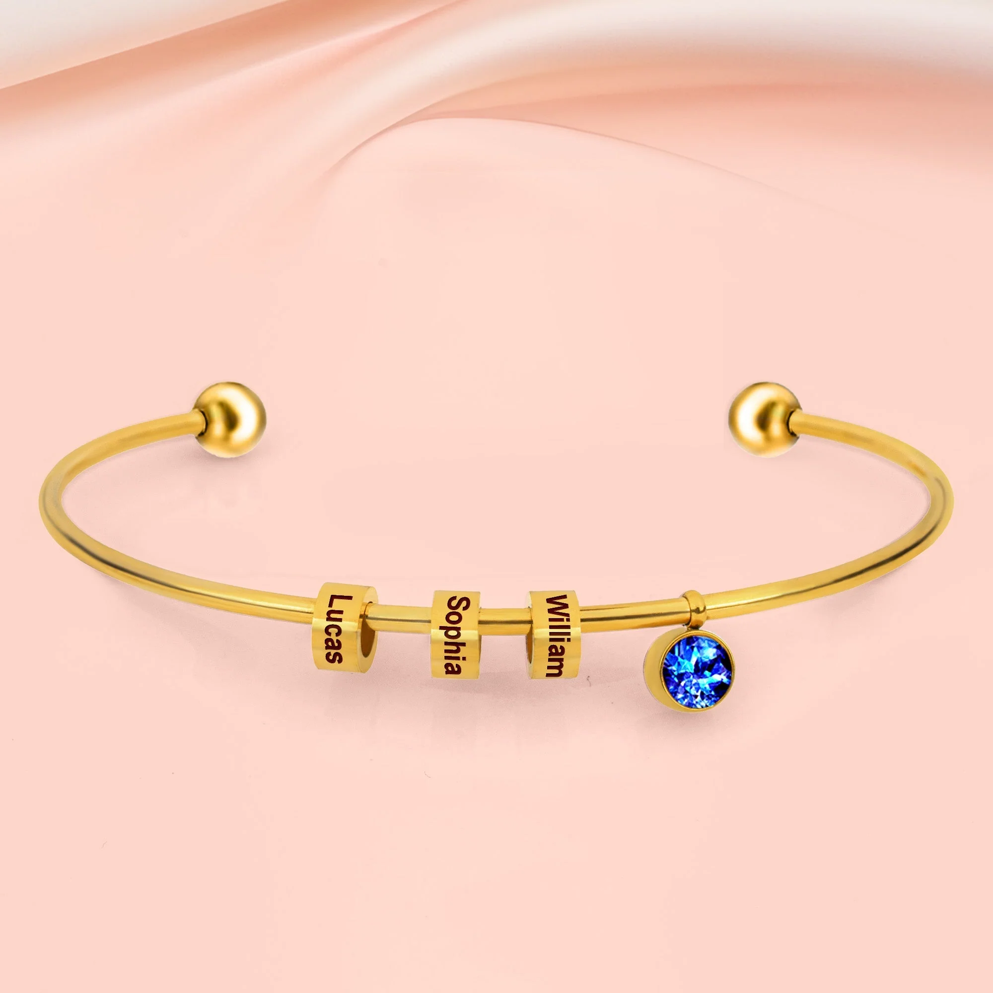 Personalized Engravable Bead Name Cuff Bracelet With Birthstone - Image 2