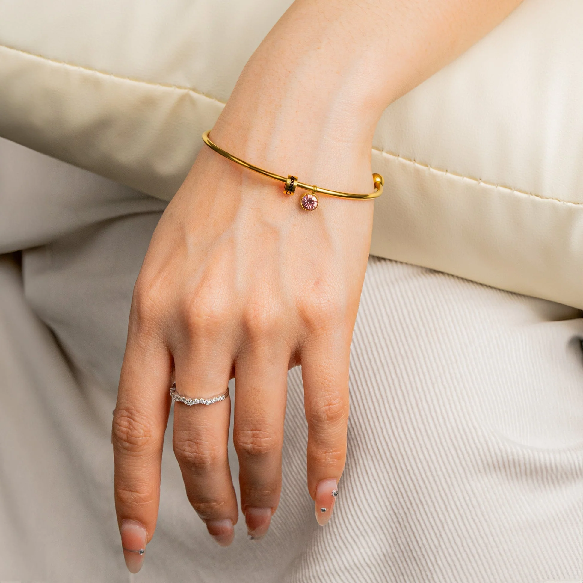 Personalized Engravable Bead Name Cuff Bracelet With Birthstone - Image 5