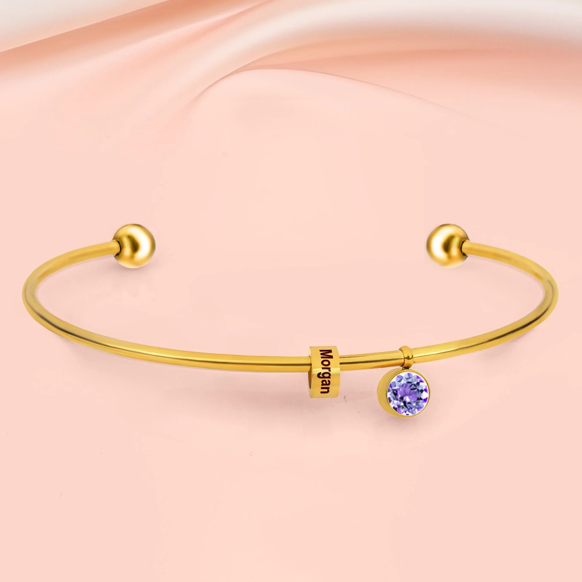 Personalized Engravable Bead Name Cuff Bracelet With Birthstone - Image 7