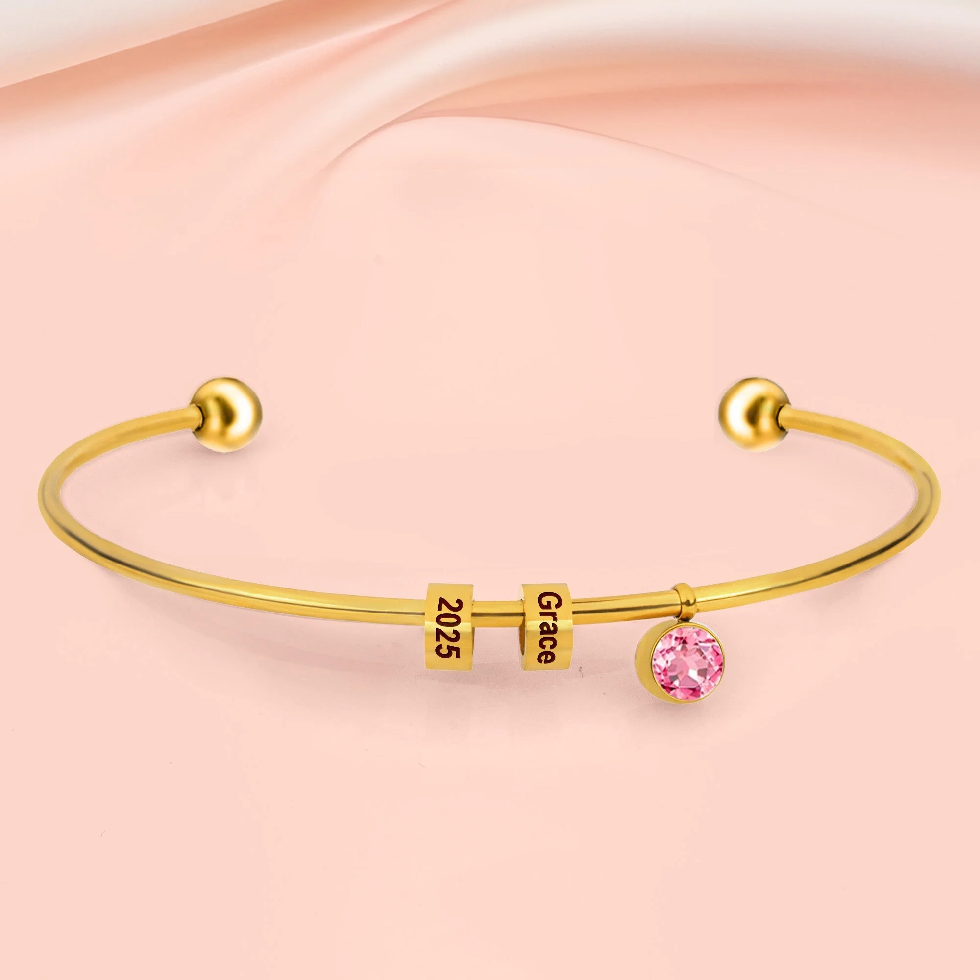 Personalized Engravable Bead Name Cuff Bracelet With Birthstone - Image 9
