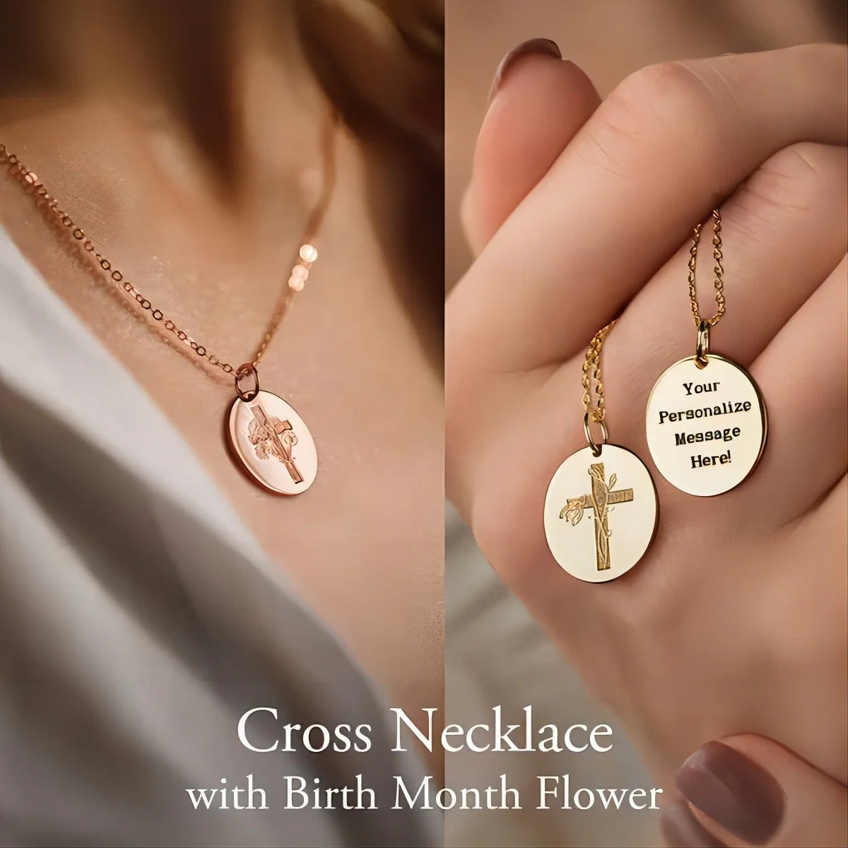 Personalized Engraved Cross Name Necklace with Birth Flower - Image 2