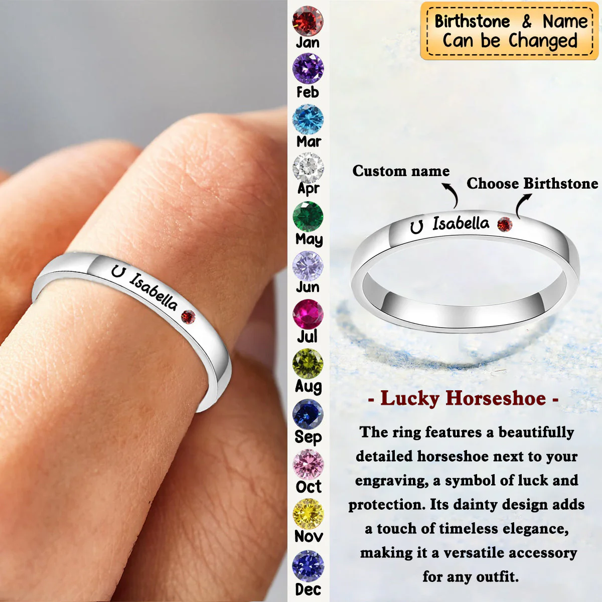 Personalized Engraved Horseshoe Ring with Birthstone Gift for Family/Friends/Horse Lovers - Image 2