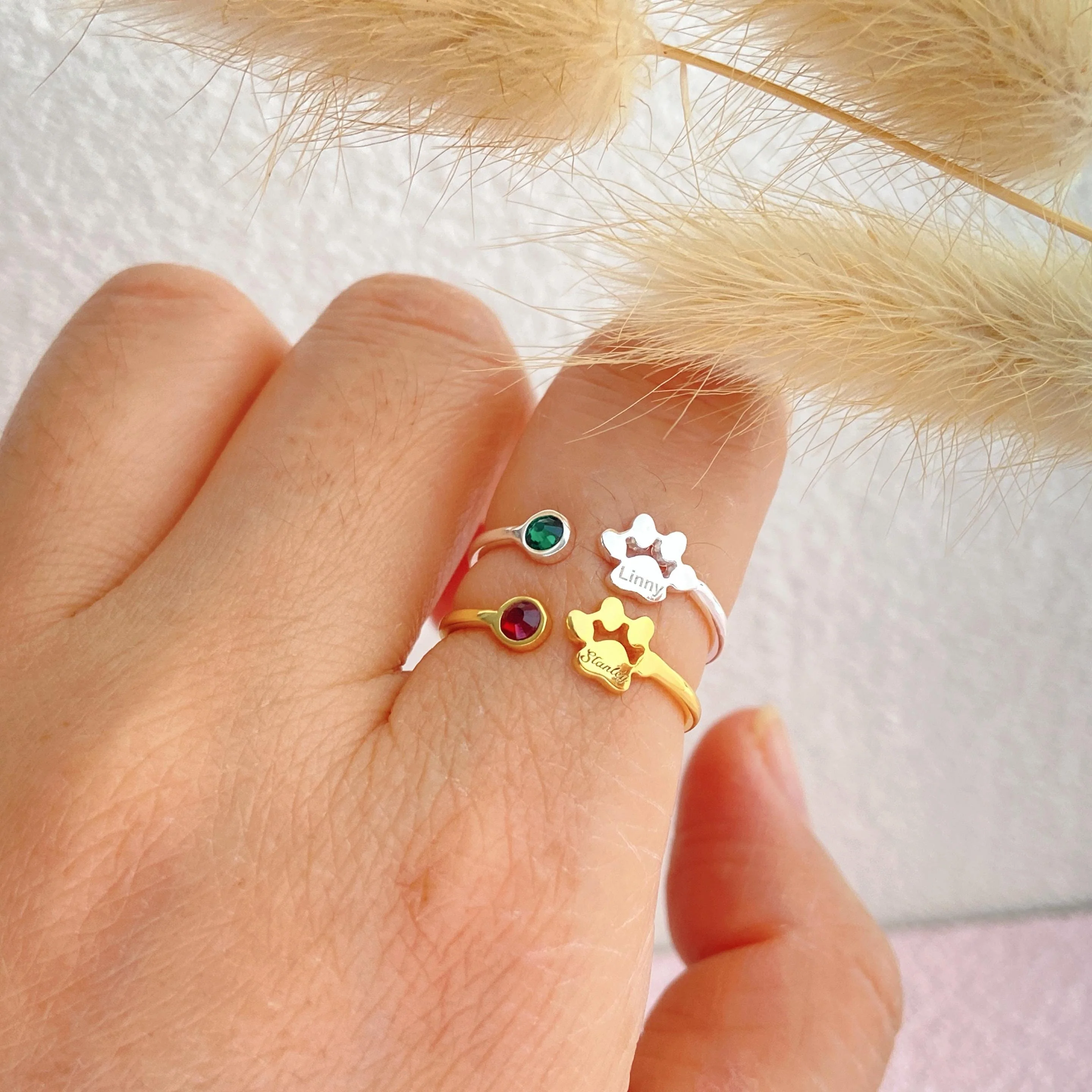 Personalized Engraved Paw Birthstone Ring Gift for Pet Lovers - Image 2