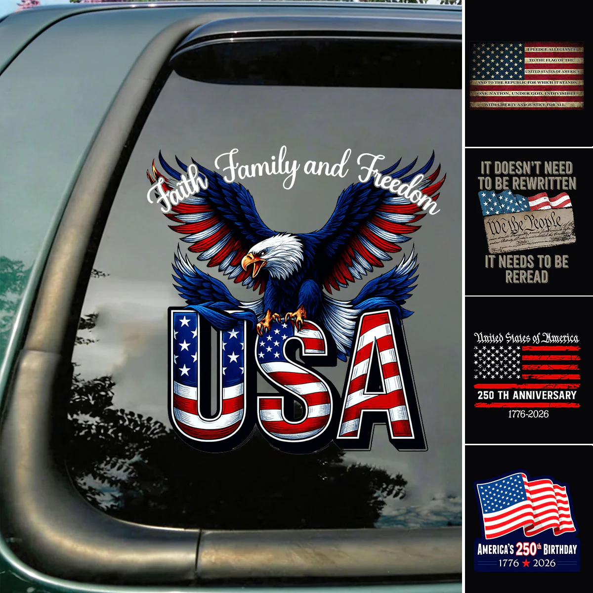Personalized Faith, Family & Freedom America 250th Car Window Decal Sticker - Image 2