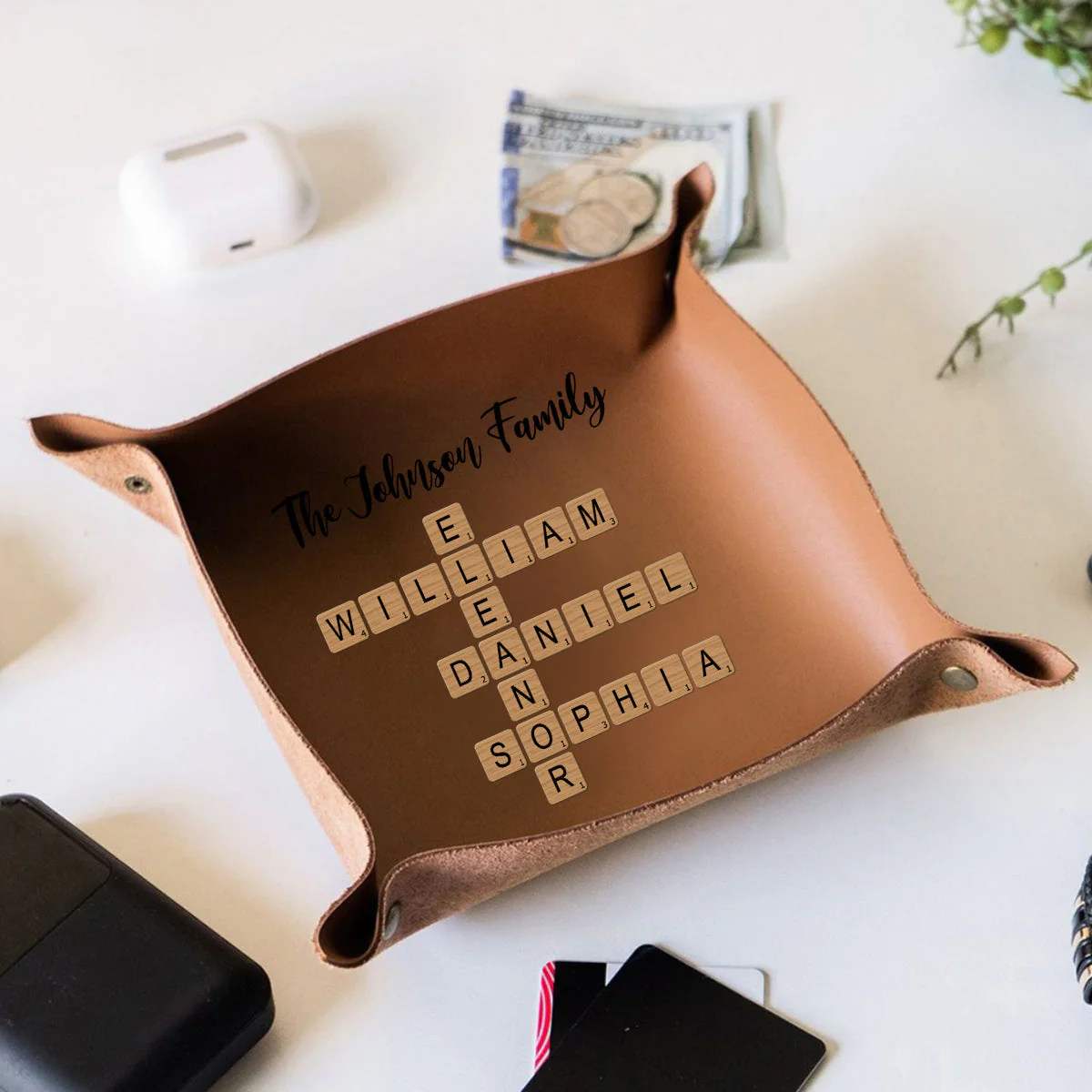 Personalized Family Crossword Puzzle Leather Valet Tray - Image 2