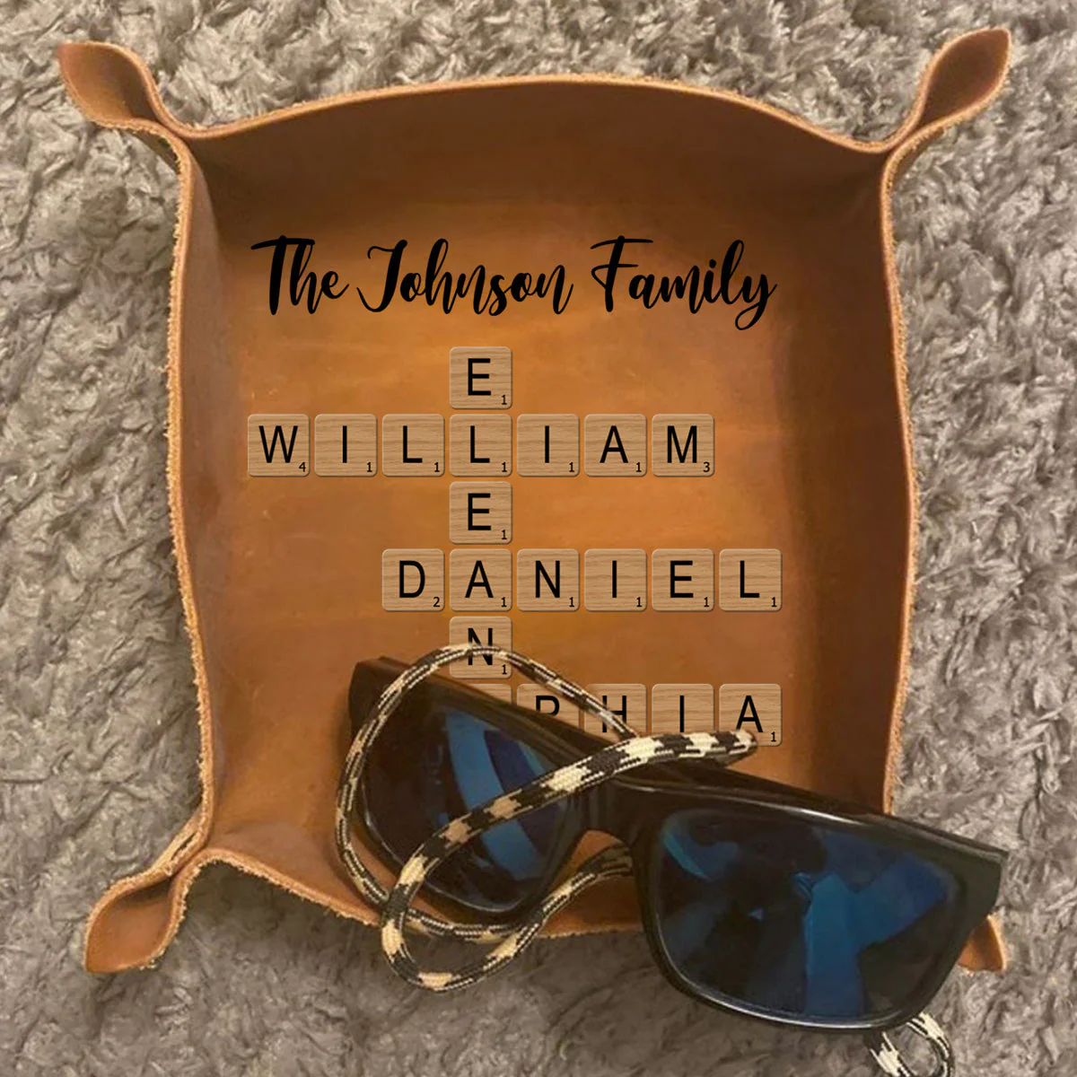 Personalized Family Crossword Puzzle Leather Valet Tray - Image 3