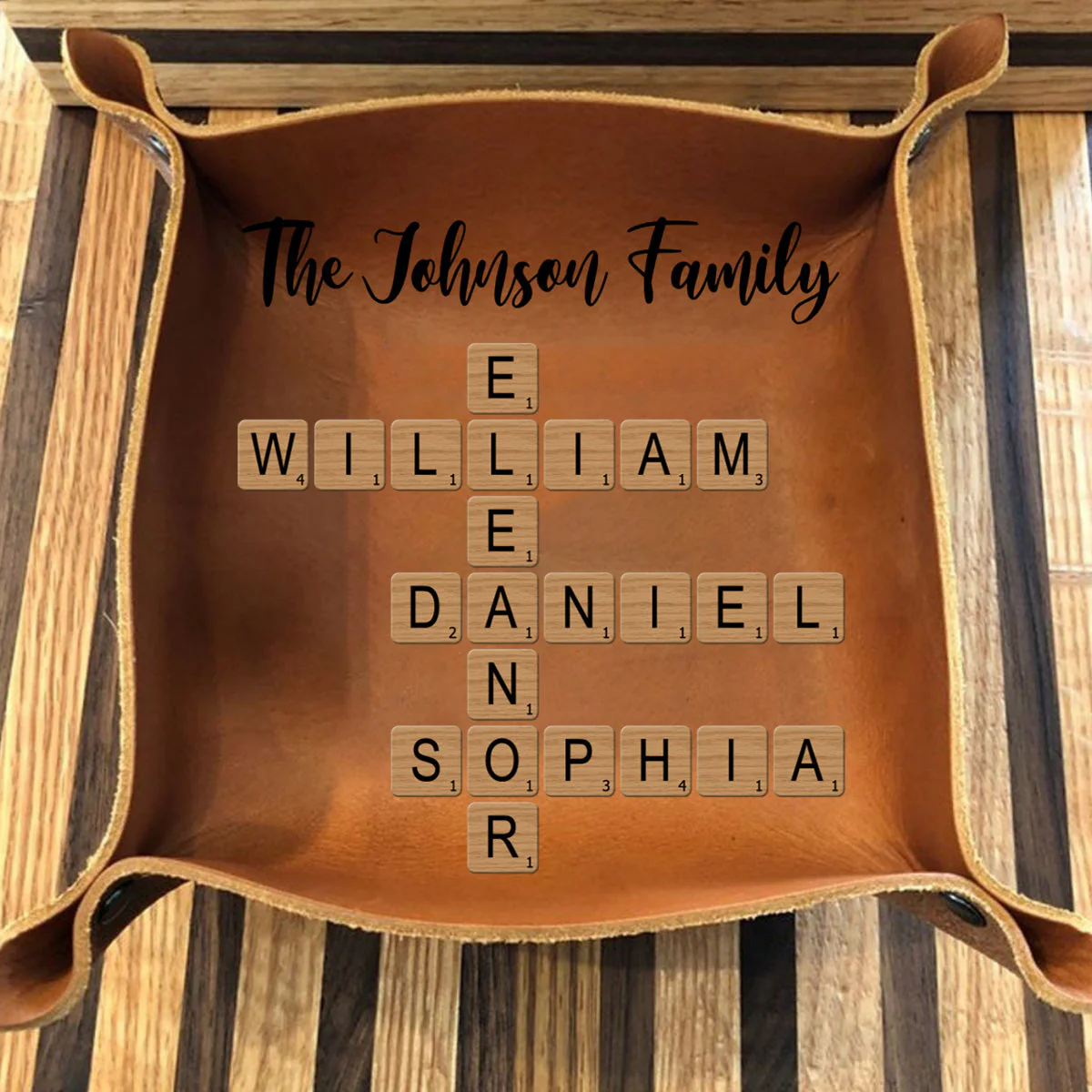 Personalized Family Crossword Puzzle Leather Valet Tray - Image 4