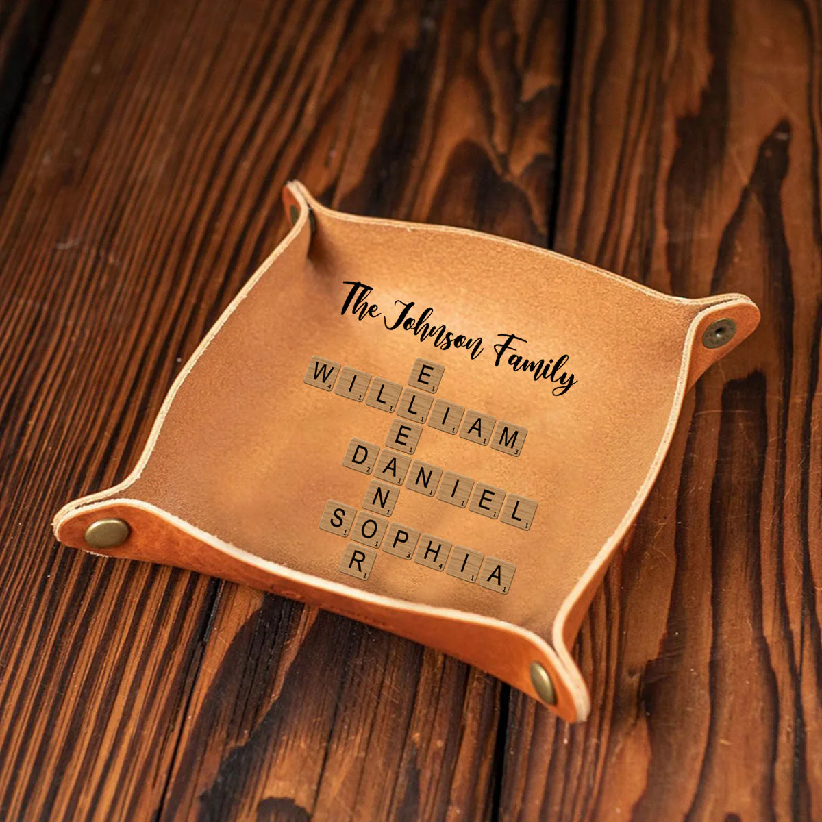 Personalized Family Crossword Puzzle Leather Valet Tray - Image 5