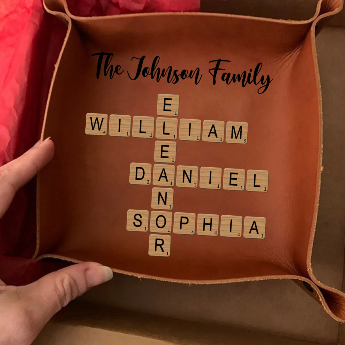 Personalized Family Crossword Puzzle Leather Valet Tray - Image 6