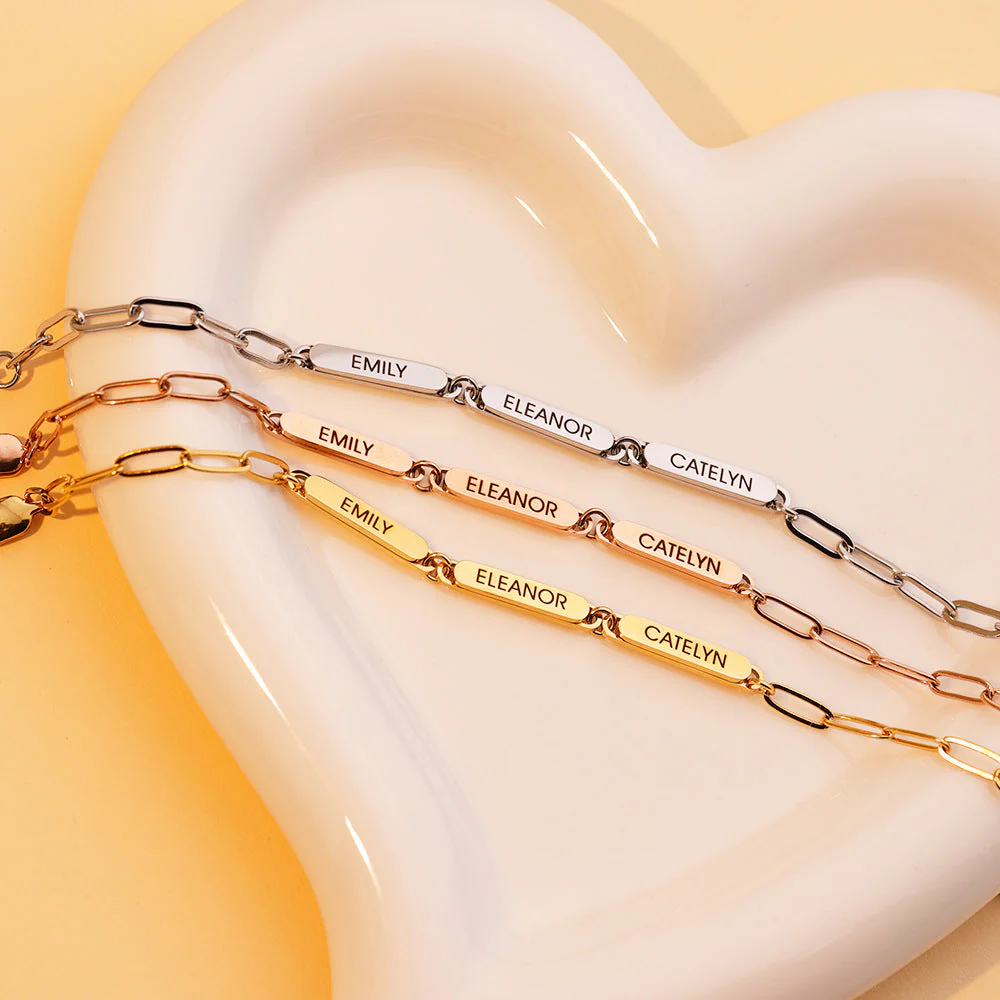Personalized Family Name Bar Bracelet Engraved Charm with a Dainty Paperclip Chain - Image 5