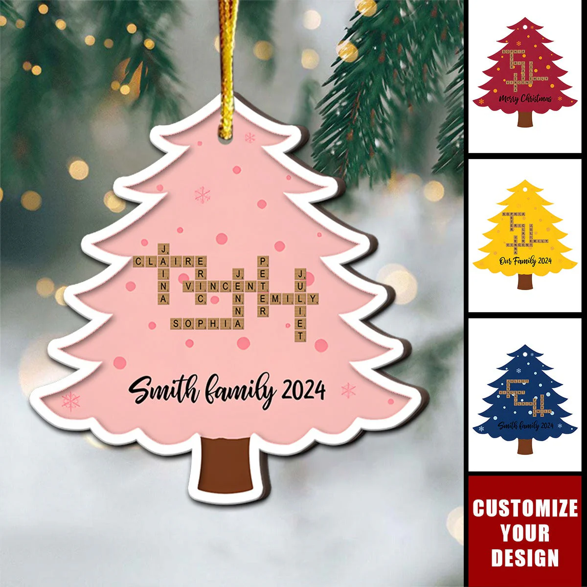 Personalized Family Name Crossword Christmas Tree 2-Layer Wooden Ornament - Image 6