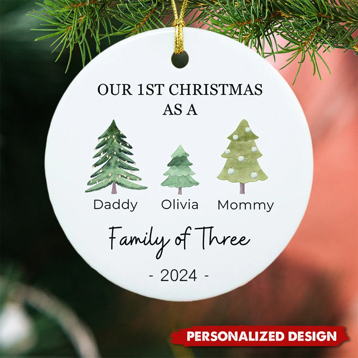 Personalized Family of Three Baby's First Christmas Ceramic Ornament - Image 6