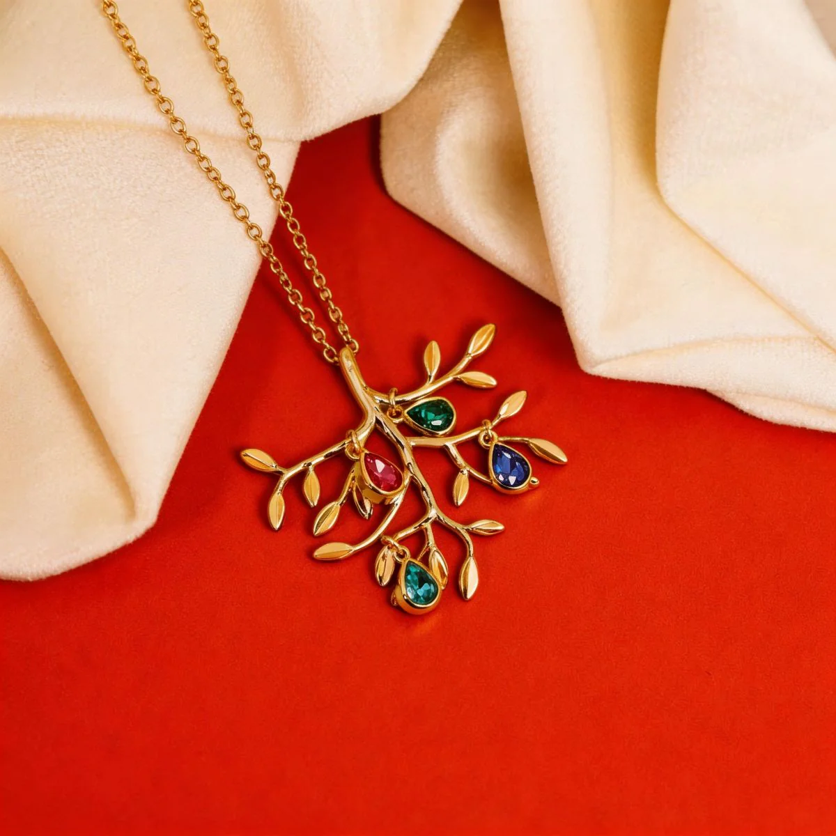 Personalized Family Tree Necklace: Initial Leaf Charms, Birthstone Jewelry - Image 2