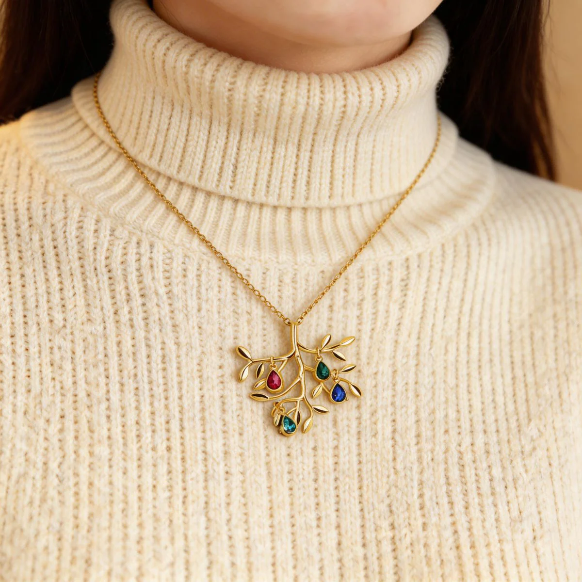 Personalized Family Tree Necklace: Initial Leaf Charms, Birthstone Jewelry - Image 4