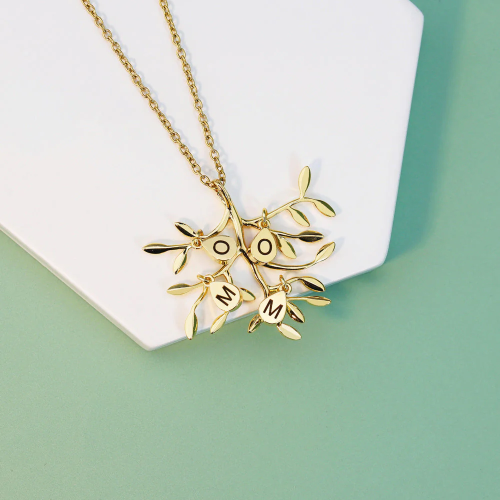 Personalized Family Tree Necklace: Initial Leaf Charms, Birthstone Jewelry - Image 5