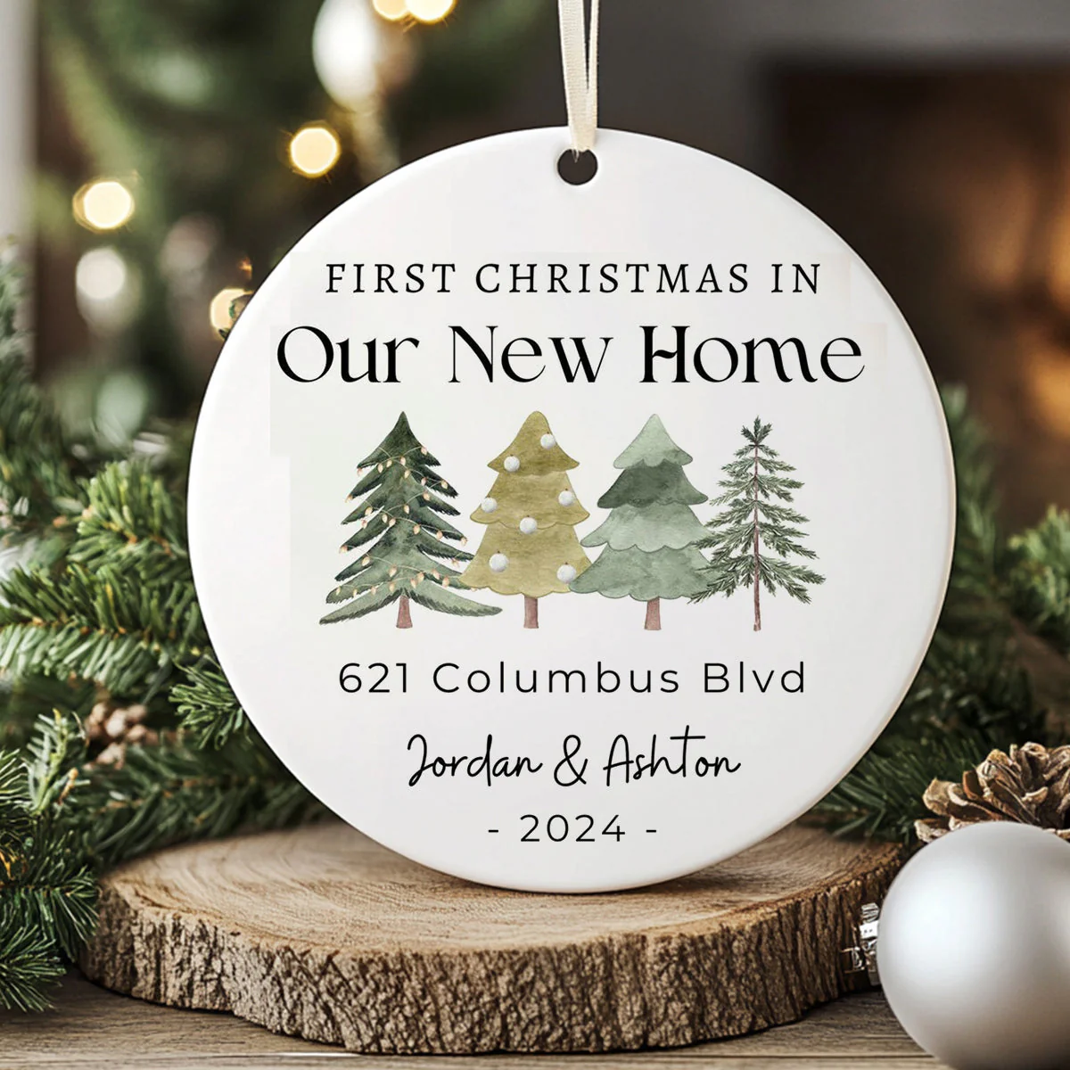 Personalized First Christmas in Our New Home 2024 Christmas Ceramic Ornament - Image 4