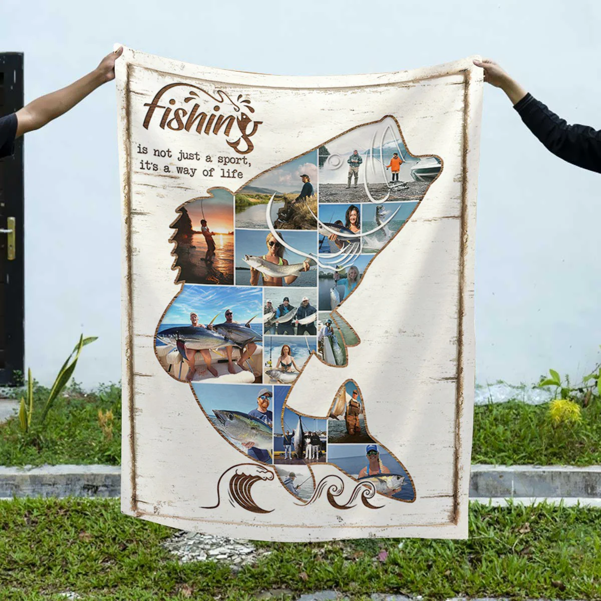 Personalized Fishing Photo Collage Blanket, Fish Shape Blanket, Fishing Gift - Image 2