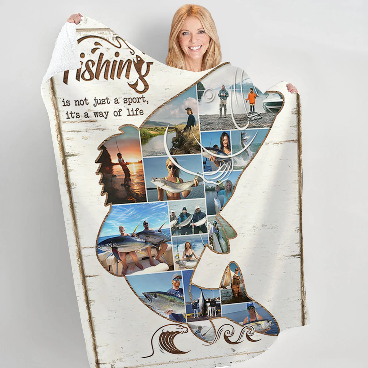 Personalized Fishing Photo Collage Blanket, Fish Shape Blanket, Fishing Gift - Image 3