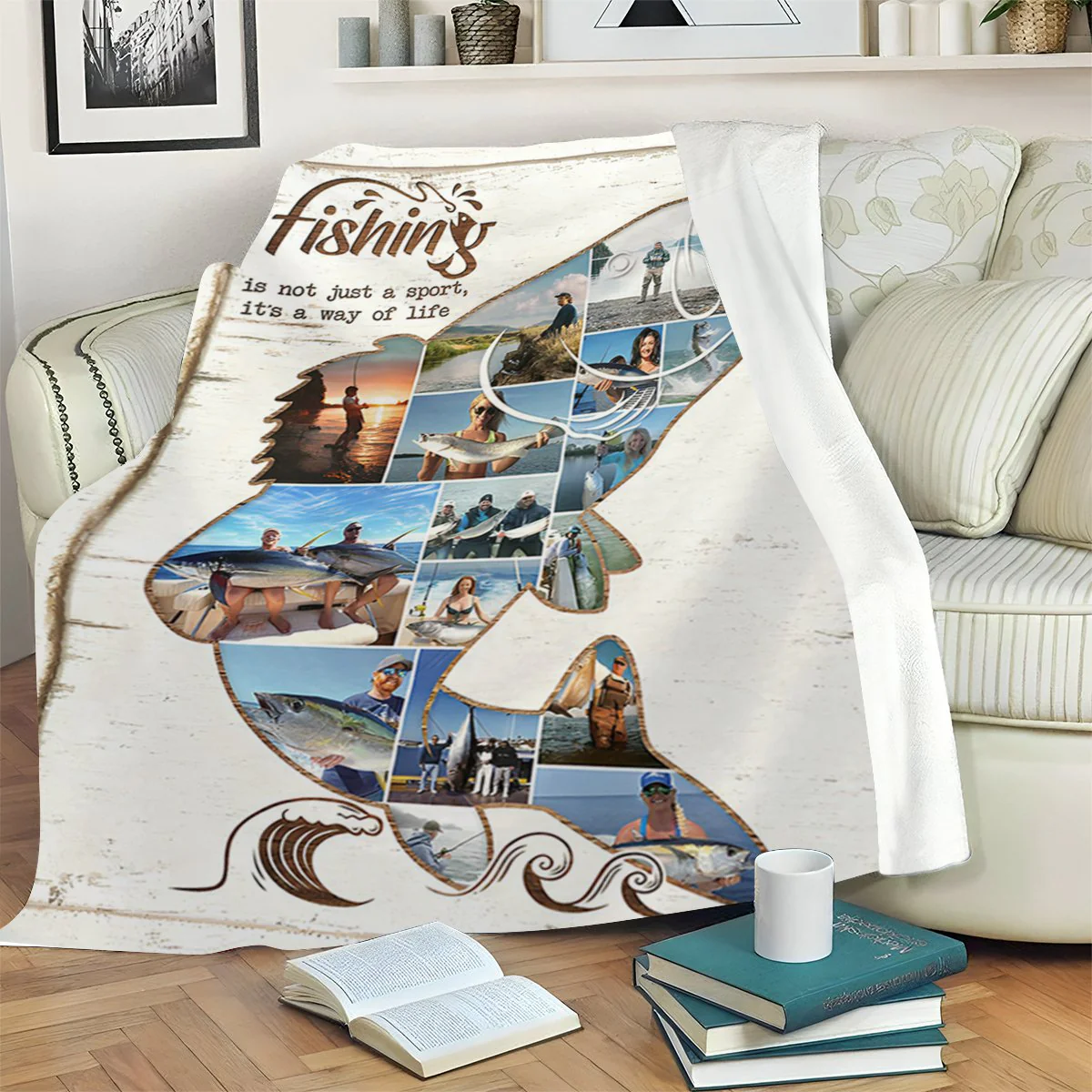 Personalized Fishing Photo Collage Blanket, Fish Shape Blanket, Fishing Gift - Image 4