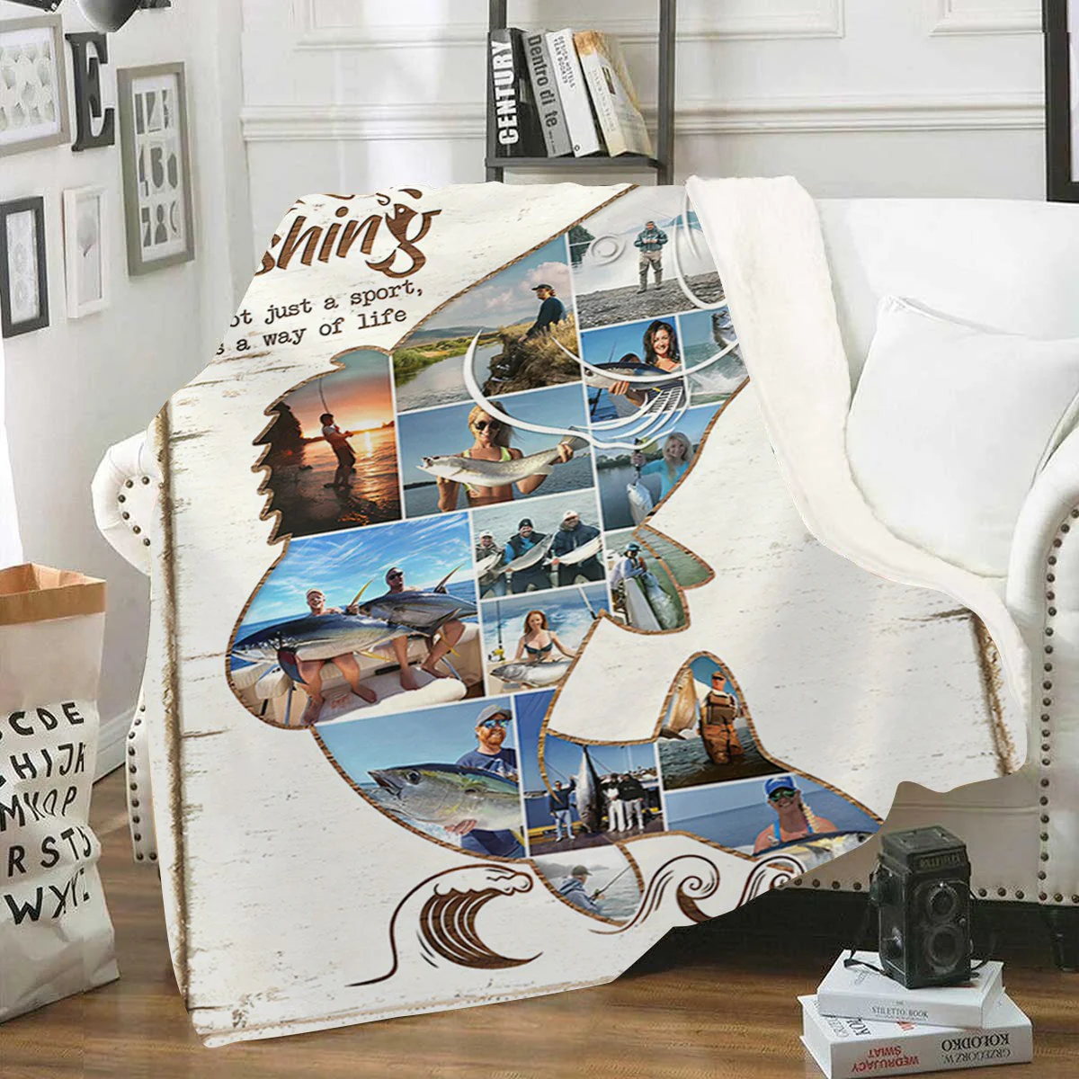 Personalized Fishing Photo Collage Blanket, Fish Shape Blanket, Fishing Gift - Image 5