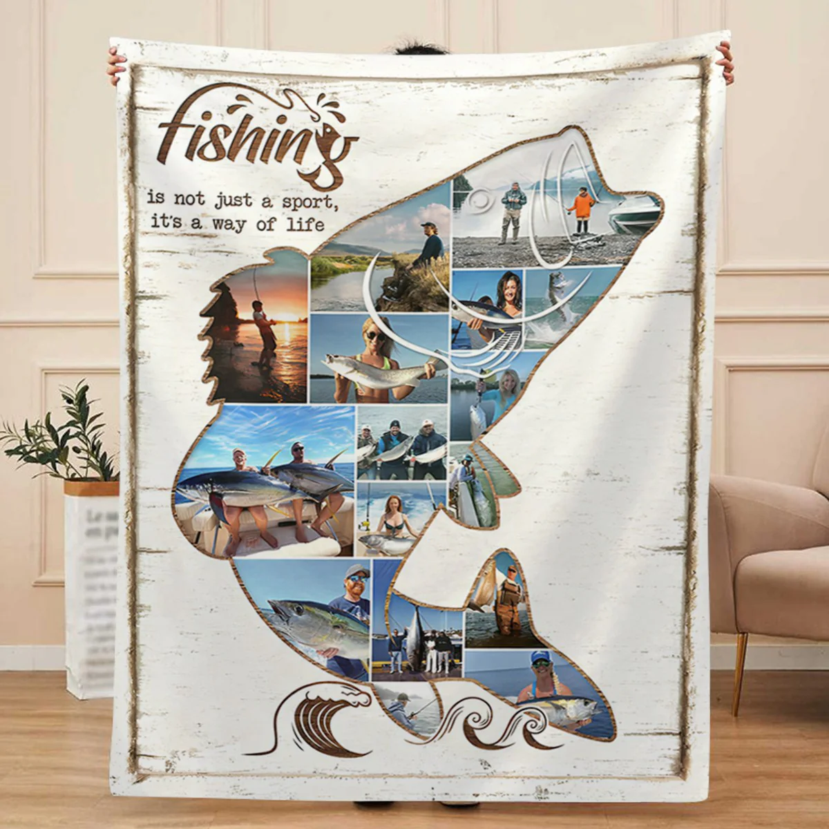 Personalized Fishing Photo Collage Blanket, Fish Shape Blanket, Fishing Gift - Image 7