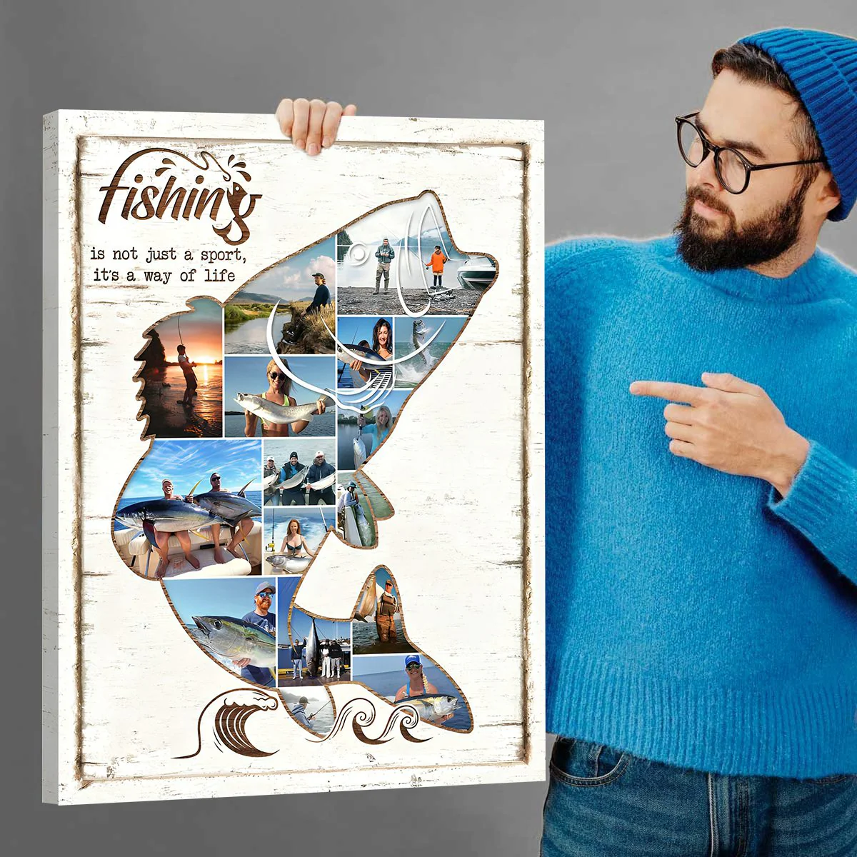 Personalized Fishing Photo Collage Poster, Fish Shape Canvas, Fishing Gift - Image 2