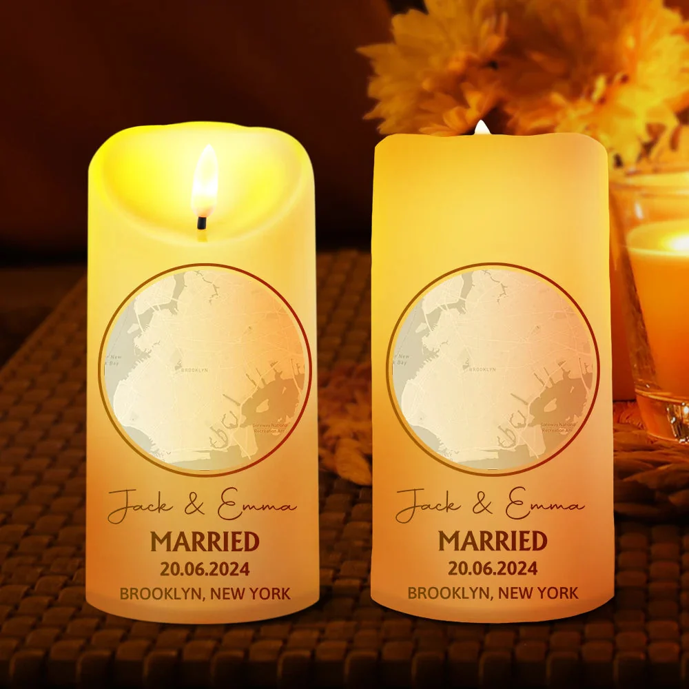 Personalized Flameless LED Candle - Location Map Married Engaged Couples - Image 2