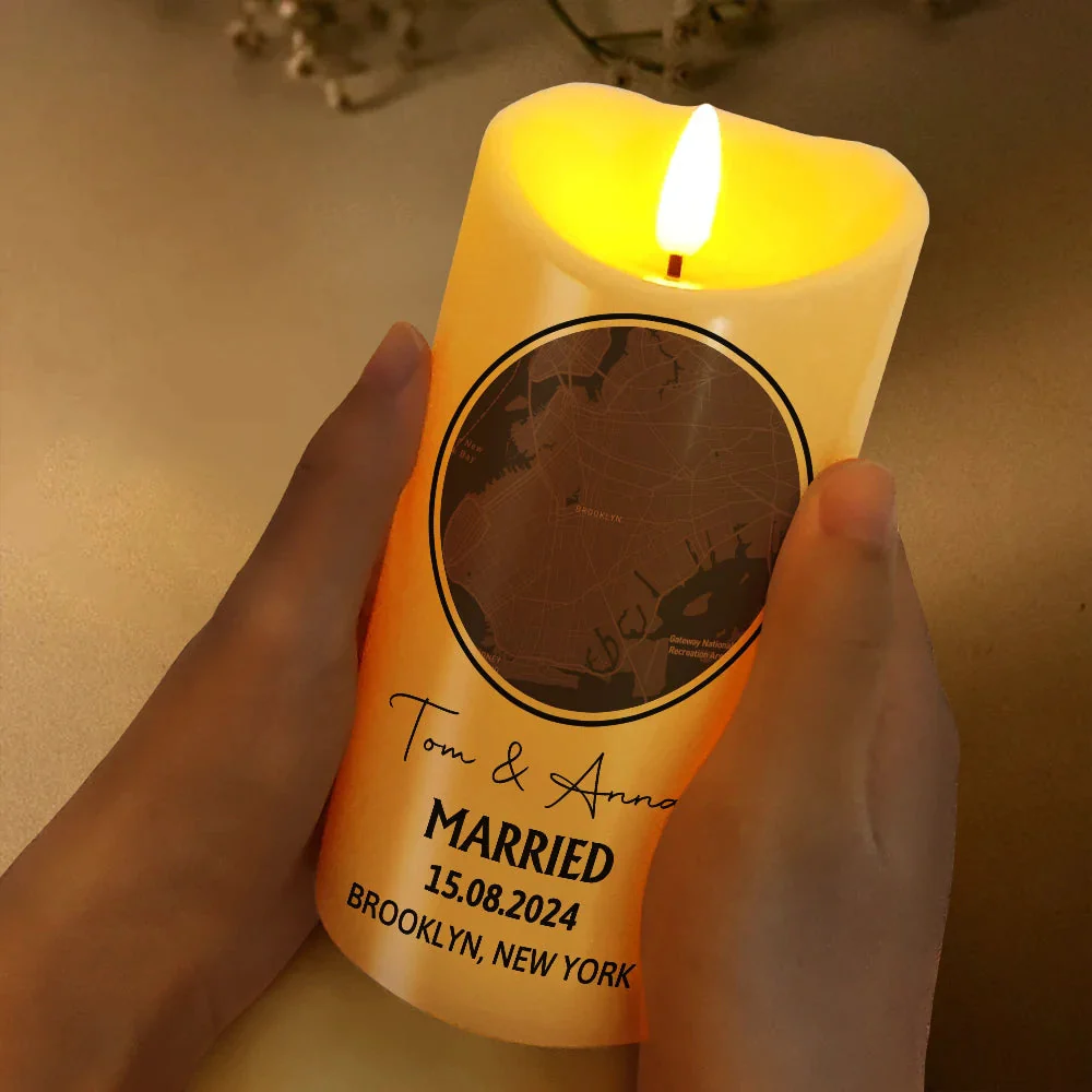 Personalized Flameless LED Candle - Location Map Married Engaged Couples - Image 3