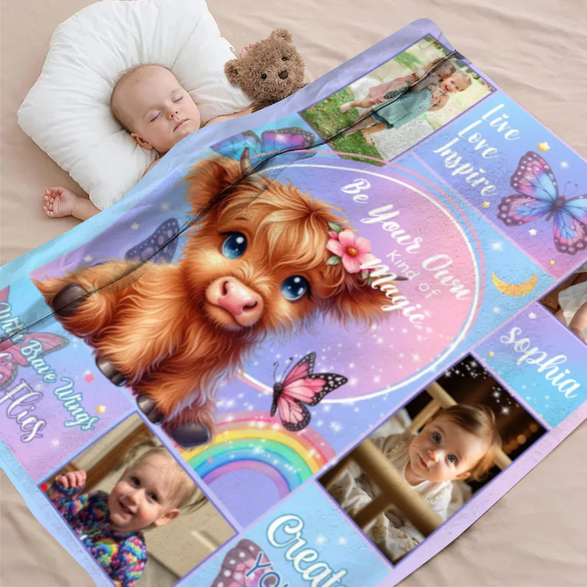 Personalized Floral Highland Cow Butterfly Soft Throw Blanket with Name and Photos - Image 2