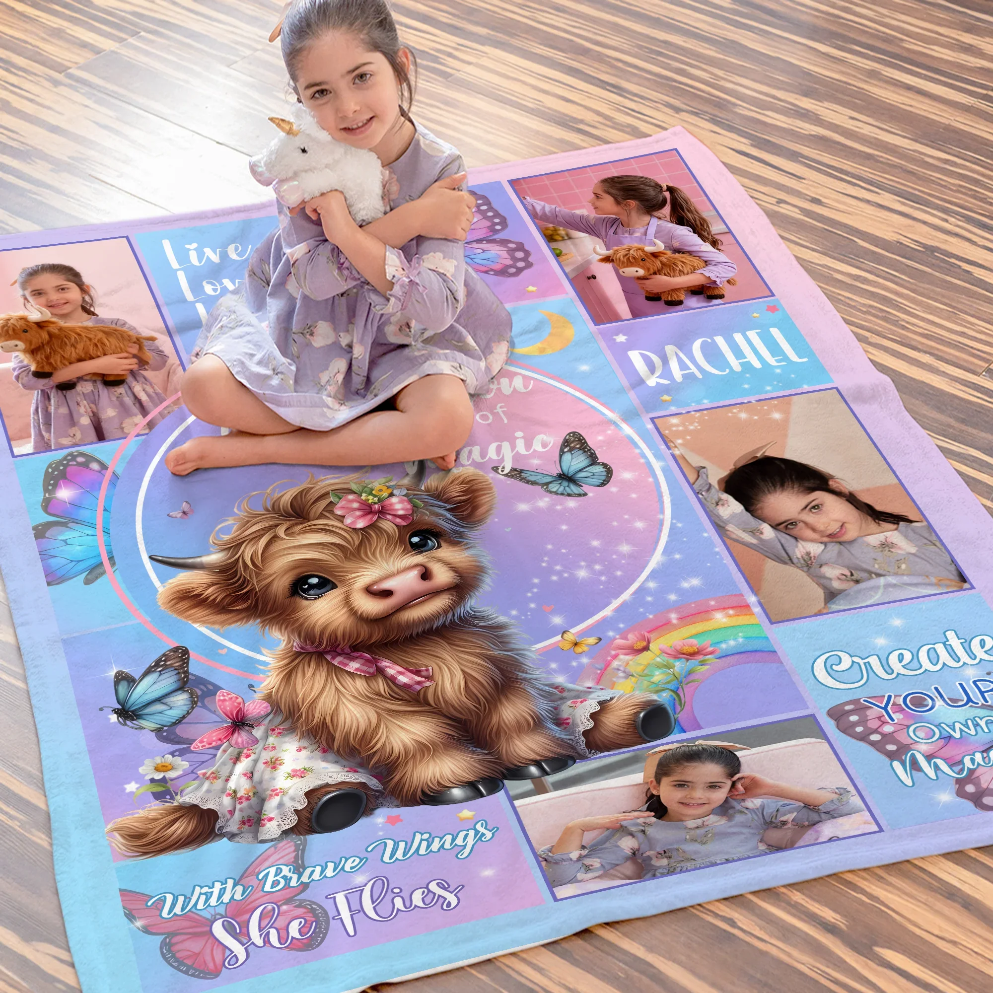 Personalized Floral Highland Cow Butterfly Soft Throw Blanket with Name and Photos - Image 3