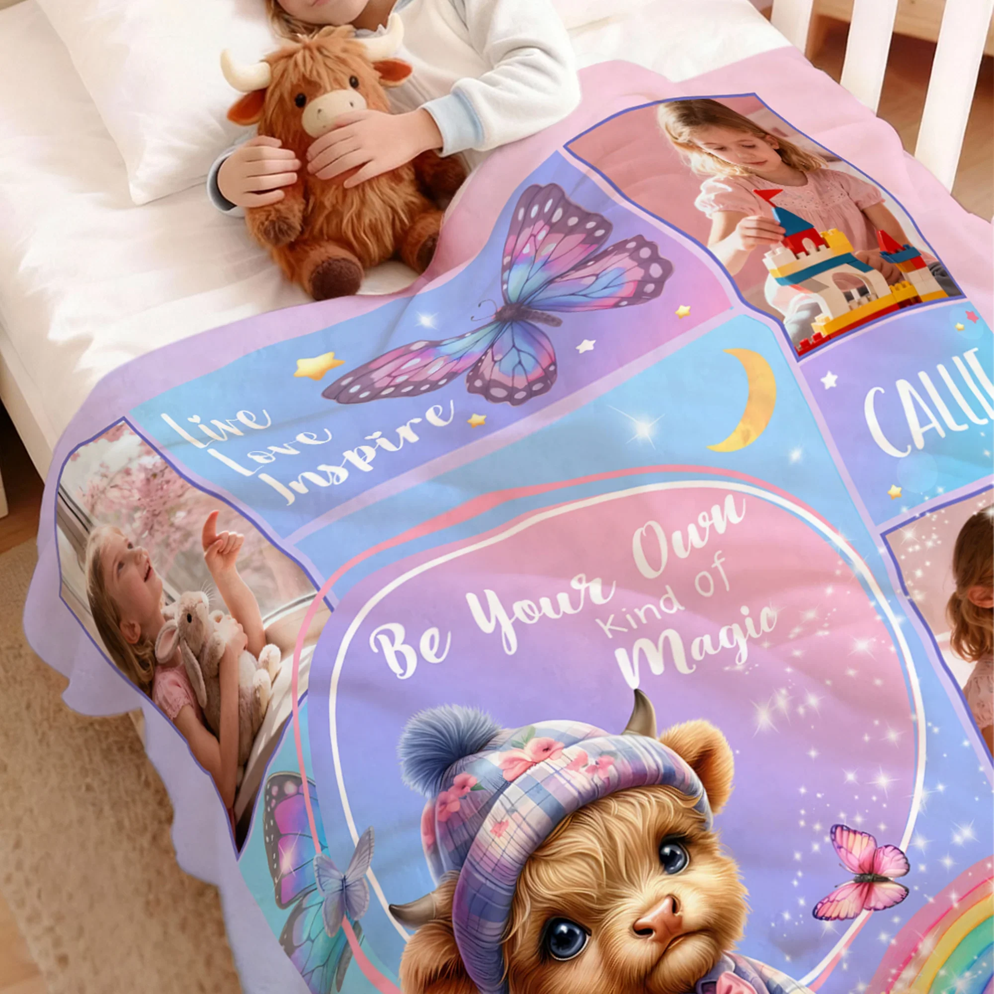Personalized Floral Highland Cow Butterfly Soft Throw Blanket with Name and Photos - Image 4