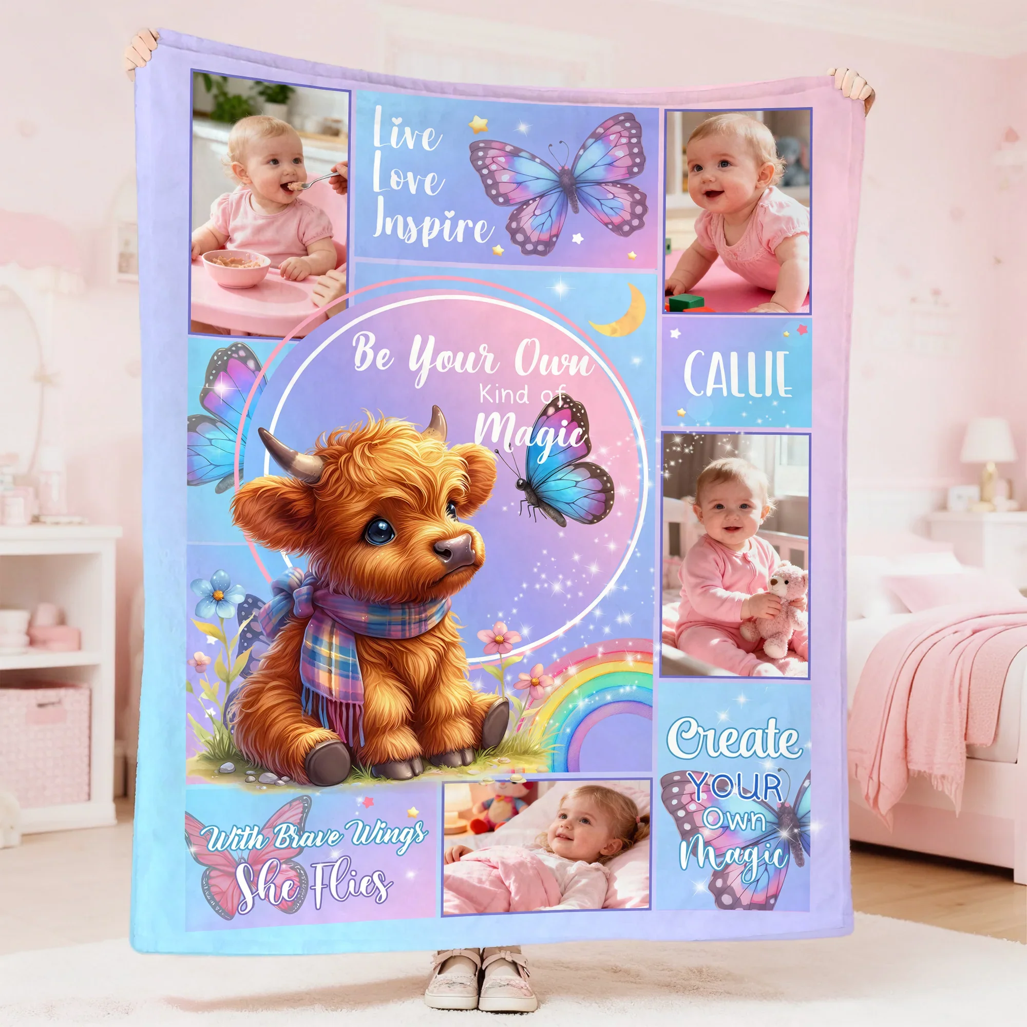 Personalized Floral Highland Cow Butterfly Soft Throw Blanket with Name and Photos - Image 5