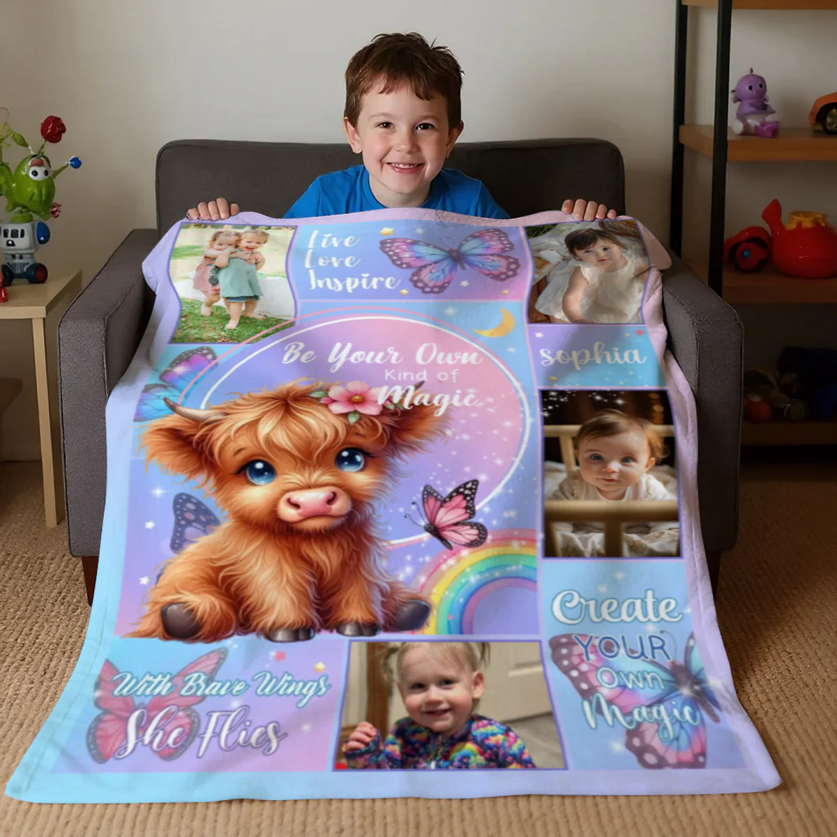 Personalized Floral Highland Cow Butterfly Soft Throw Blanket with Name and Photos - Image 6