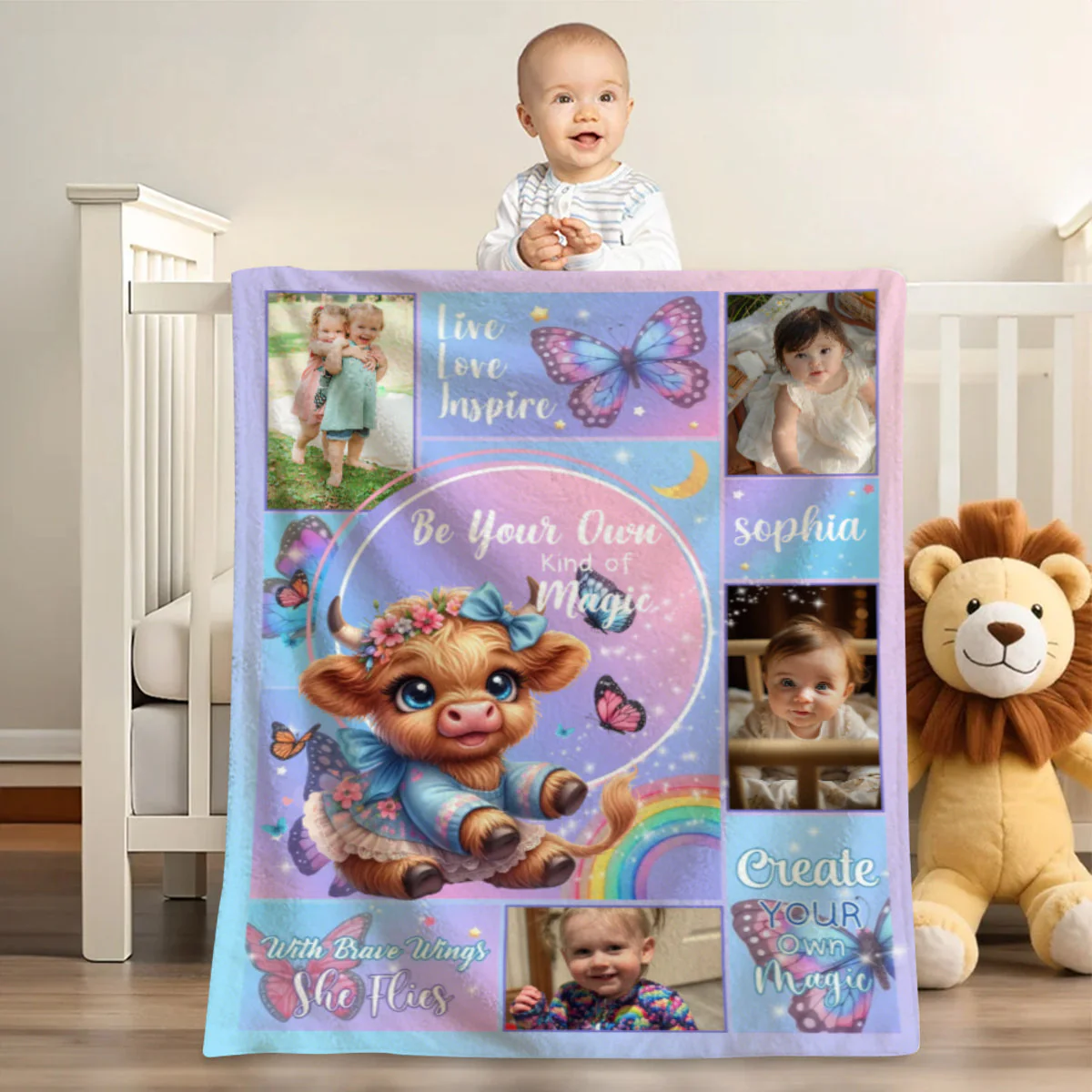 Personalized Floral Highland Cow Butterfly Soft Throw Blanket with Name and Photos - Image 7