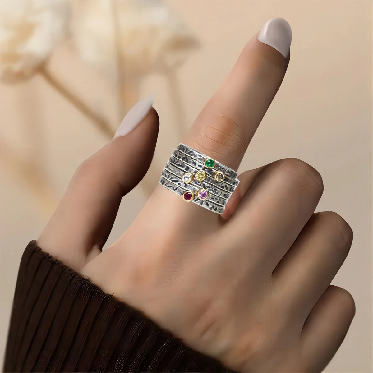Personalized Flower Tiny Birthstone Stacking Ring - Mothers Rings - Image 3