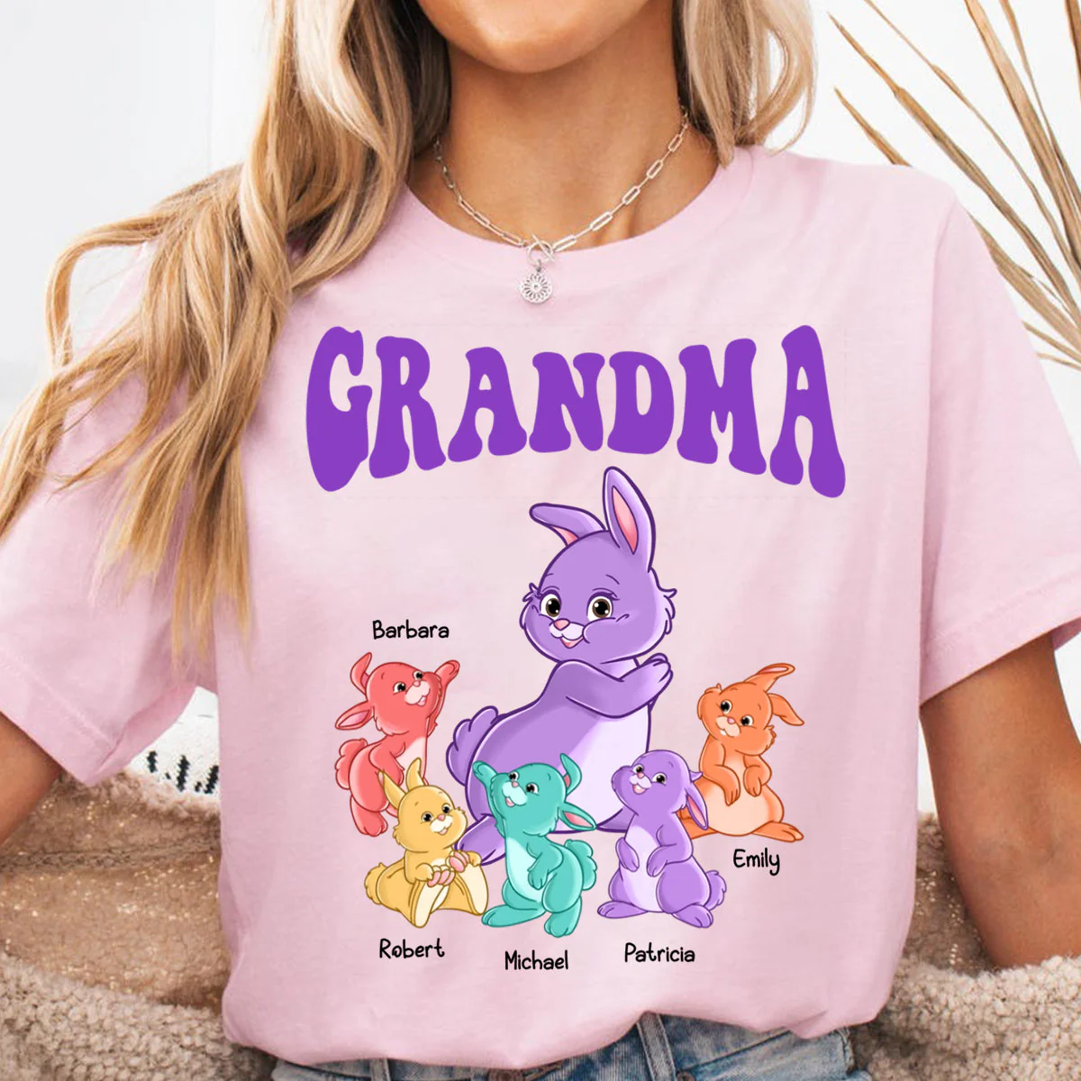 Personalized Gift For Grandma Colorful Bunny Pure Cotton T-Shirt - Image 3