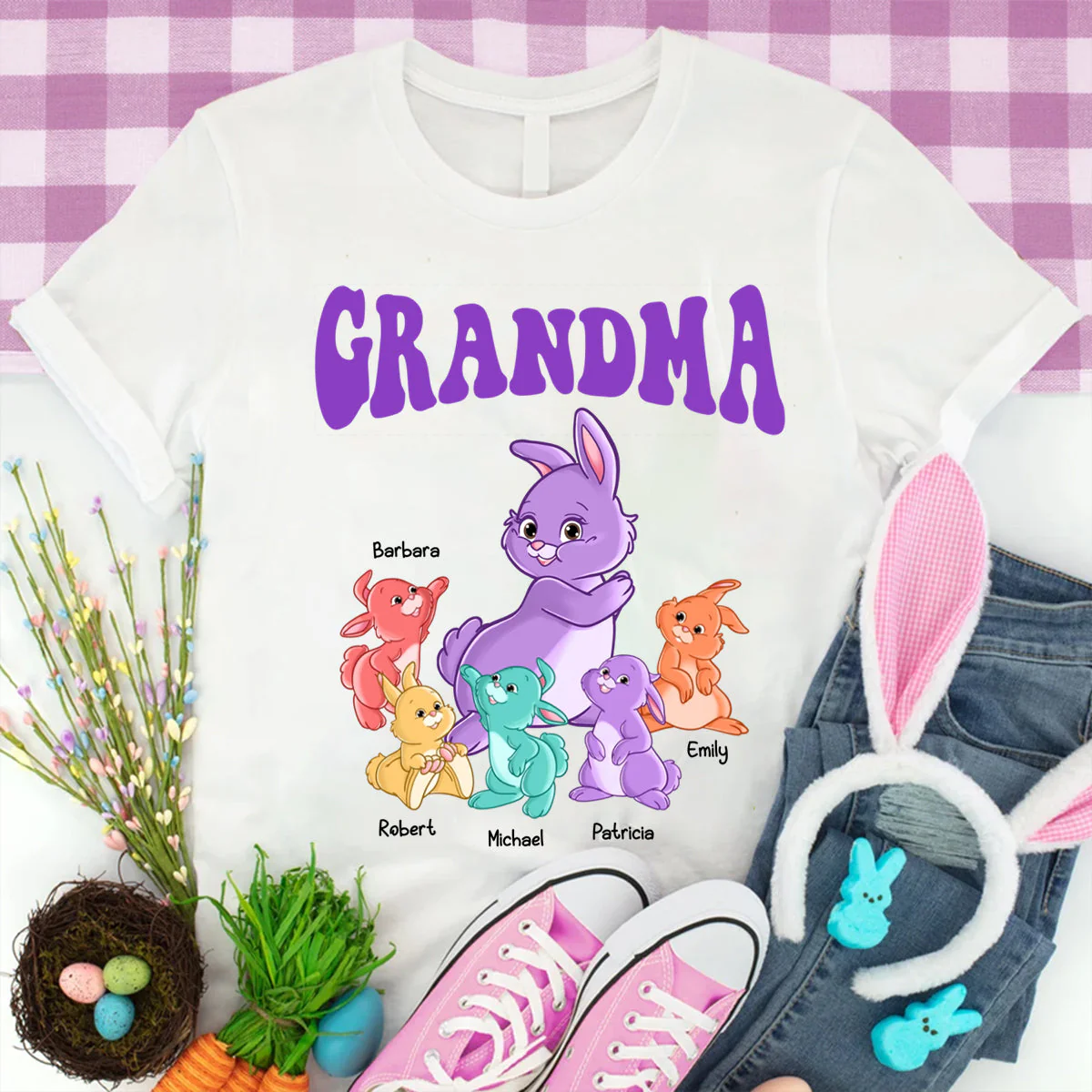 Personalized Gift For Grandma Colorful Bunny Pure Cotton T-Shirt - Image 4
