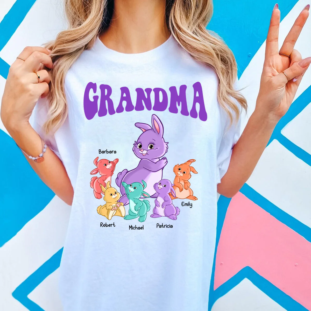 Personalized Gift For Grandma Colorful Bunny Pure Cotton T-Shirt - Image 6