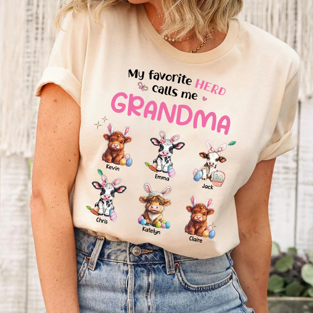 Personalized Gift For Grandma Nana's Cute Cow Easter Day Highland Cow T shirt - Image 2