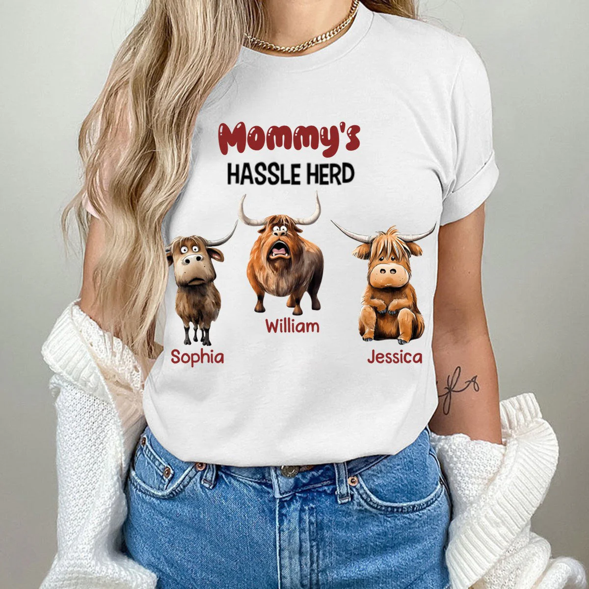 Personalized Gifts For Mom Pure Cotton T-shirt, Funny Highland Cow Hassle Herd - Image 3