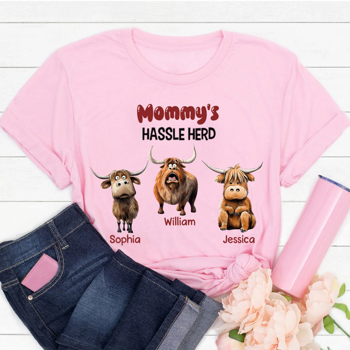 Personalized Gifts For Mom Pure Cotton T-shirt, Funny Highland Cow Hassle Herd - Image 4