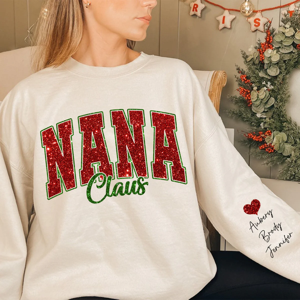Personalized Glitter Gigi Claus Christmas Family Sweatshirt With Grandkids - Image 3