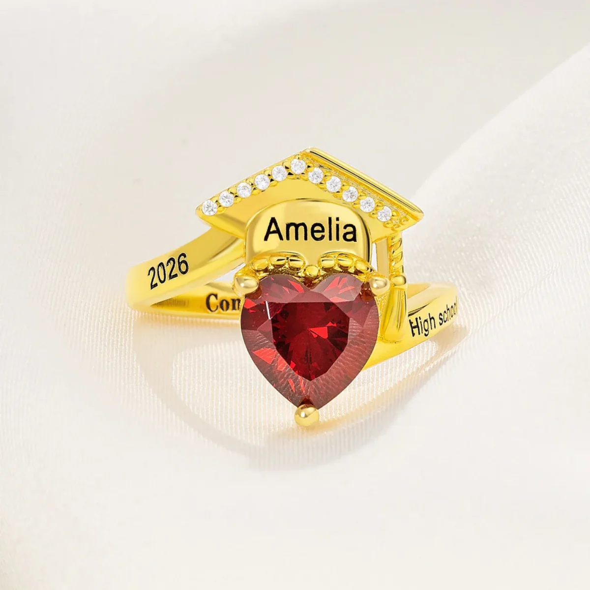 Personalized Grad Cap Heart Birthstone Ring - Graduation Gift For Graduates - Image 2