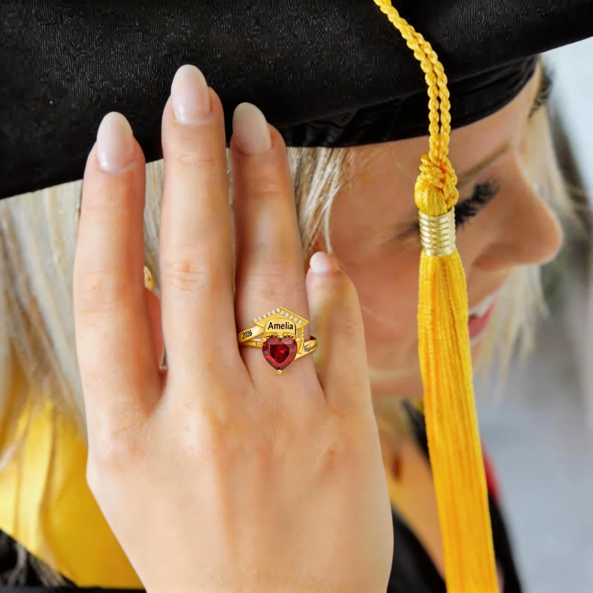Personalized Grad Cap Heart Birthstone Ring - Graduation Gift For Graduates - Image 5