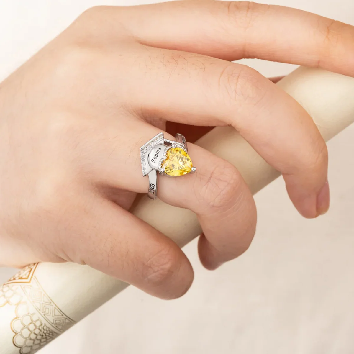Personalized Grad Cap Heart Birthstone Ring - Graduation Gift For Graduates - Image 7
