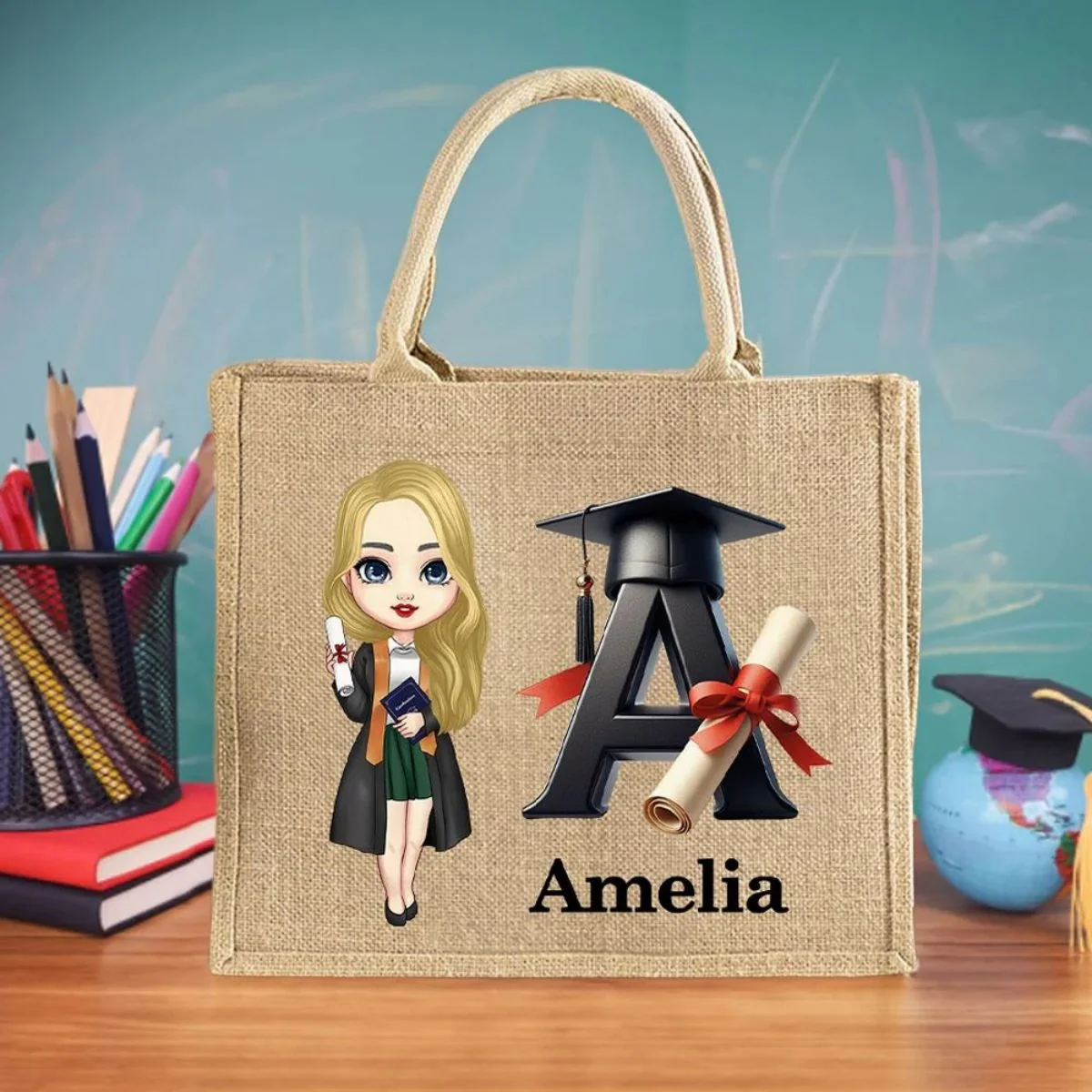 Personalized Graduation Cartoon Bachelor Hat Initial Jute Tote Bag - Image 2