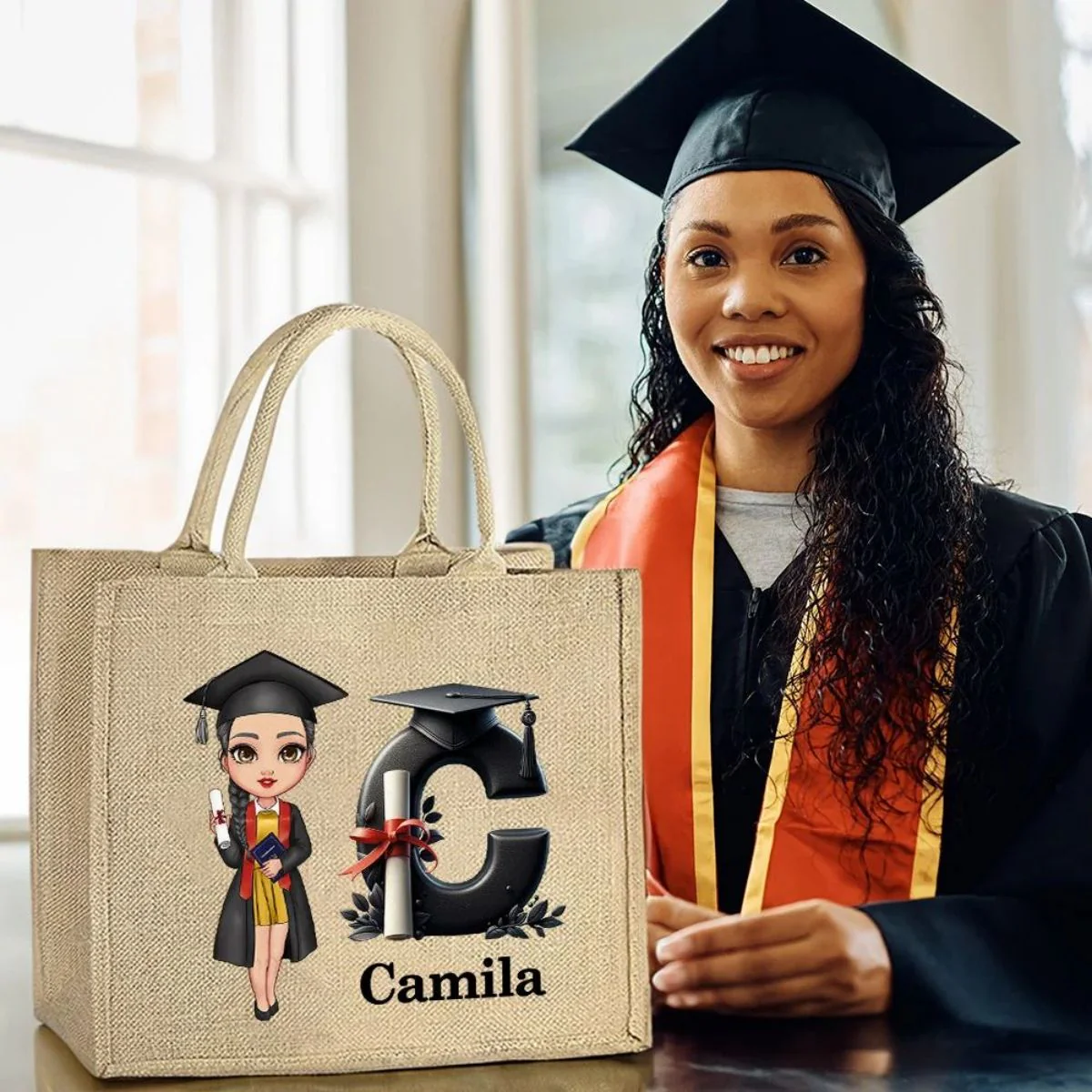 Personalized Graduation Cartoon Bachelor Hat Initial Jute Tote Bag - Image 3