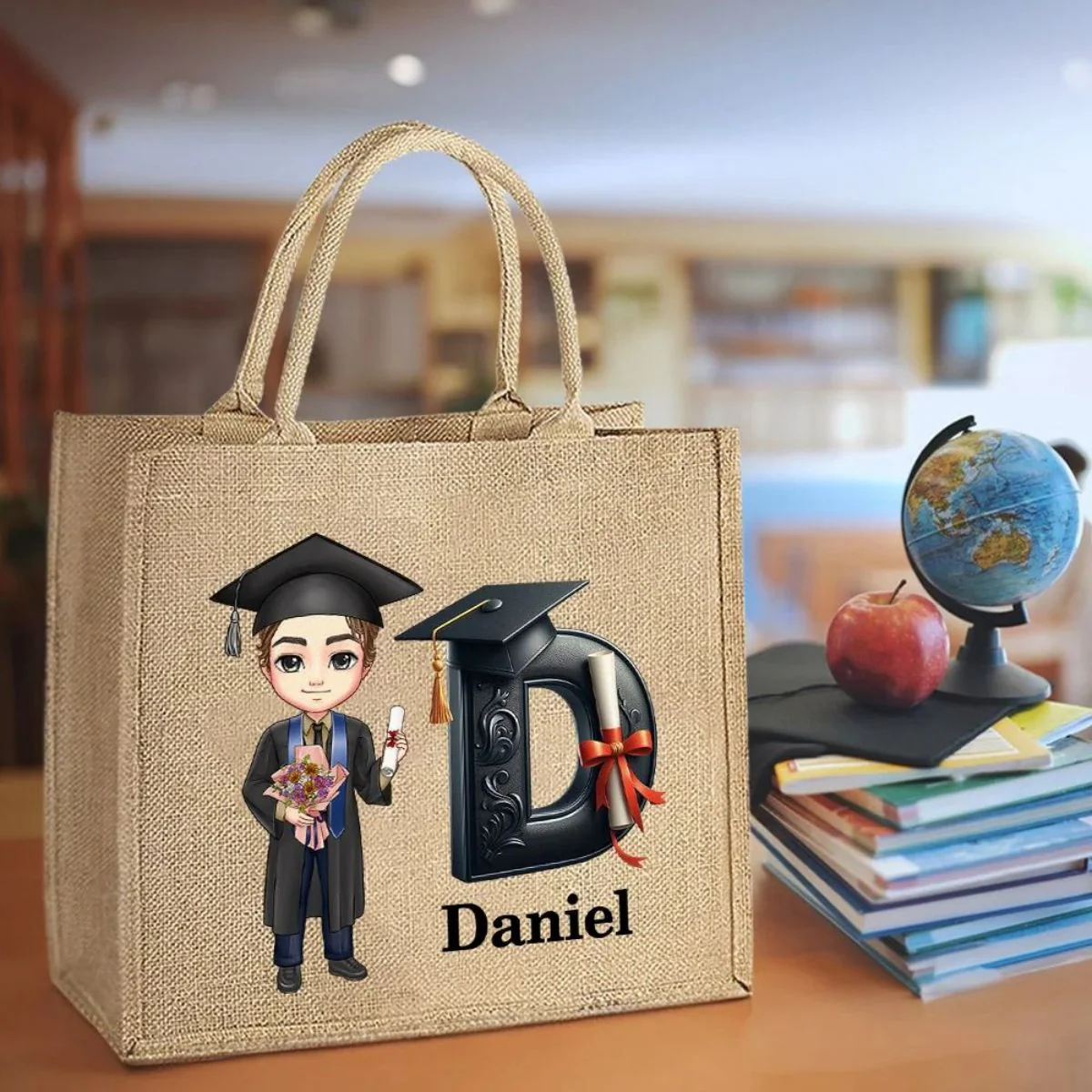 Personalized Graduation Cartoon Bachelor Hat Initial Jute Tote Bag - Image 4